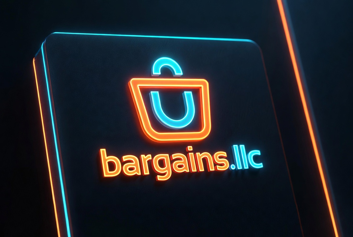 bargains.llc neon logo - premium price tag design in vibrant orange and cyan